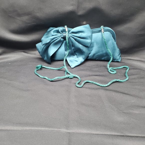 NWOT Kate Landry Turquoise  Satin Clutch Purse with Bow and strap - Picture 9 of 9